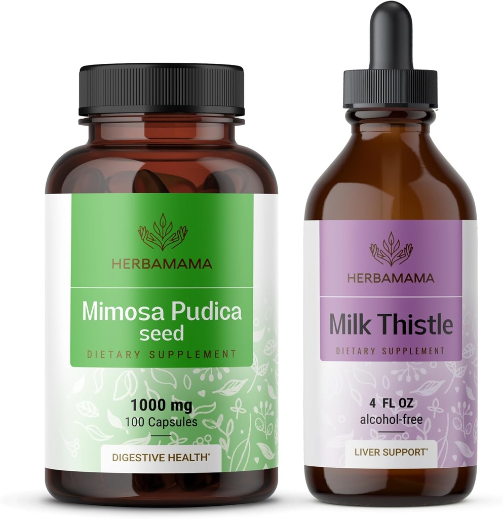 HERBAMAMAMA Mimosa Pudica e Latte Thistle Kit - Bundle di 1000 mg Mimosa Pudica Capsule & Latte Thistle Tincture 4 fl oz - Vegan, Non-GMO, Sugar & Alcohol-Free - 2 Pack
