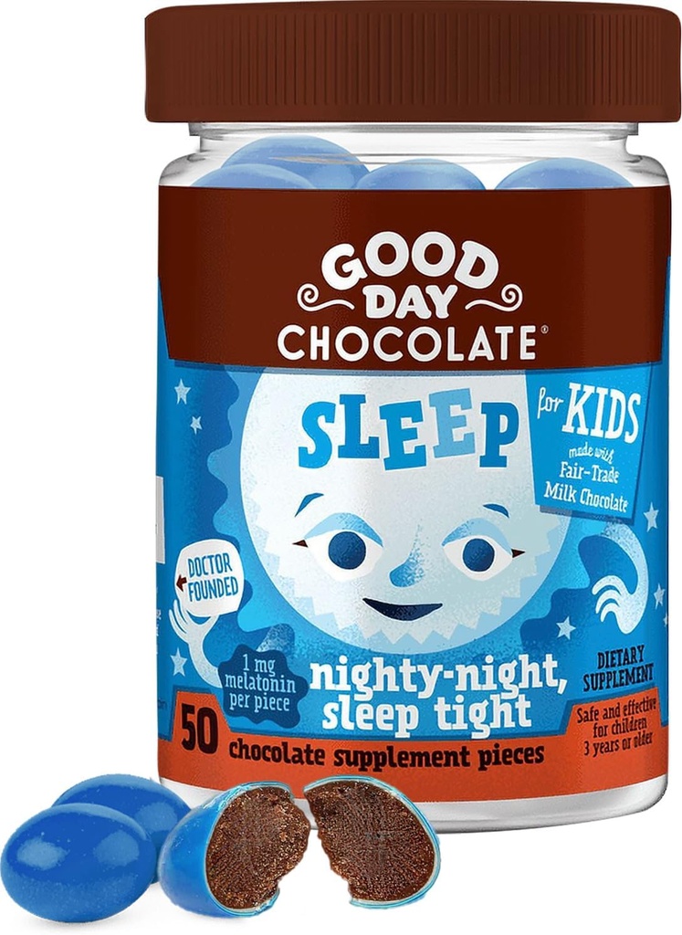 Buona giornata Melatonina al cioccolato per bambini [50 Count] - Fair Trade Cioccolato non OGM con camomilla e melatonina 1 mg - Melatonina Toddler, Bambini aiuti naturali per il sonno per età 3 e su