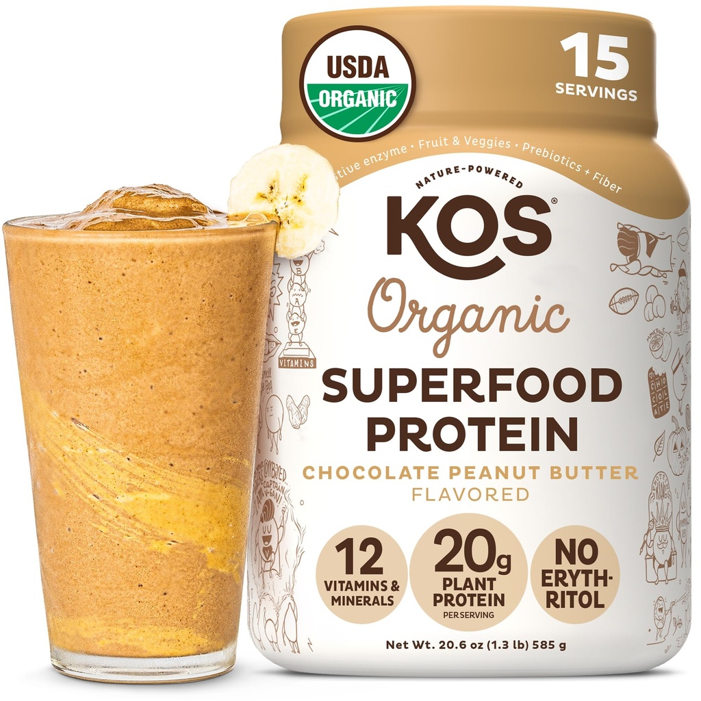 Polvere di proteina basata sulle piante organiche di KOS, burro di arachidi al cioccolato - Polvere proteica vegana Deliziosa - Keto Friendly, senza glutine, latticini gratuiti e soia - 15 porzioni