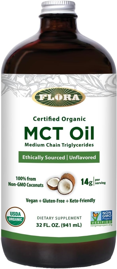 Flora - Olio MCT Certificato Organico - Supporta l'energia muscolare e la salute del cervello - Contiene acido C8 Caprylic & C10 acido Caprico - Non OGM, senza glutine, Vegan & Keto-Friendly - 32 fl. oz. Bottiglia di vetro