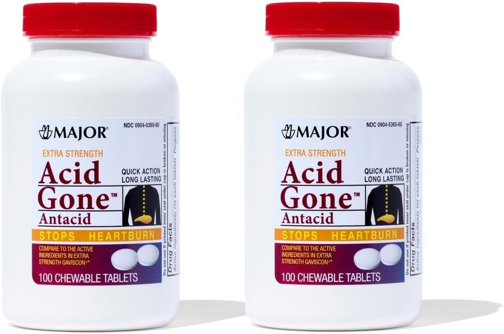 Acido maggiore Gone Extra Forza Antacid Chewable Tablets - Anti-Acid Relief - Acid Reflux Medicine for Adults - Upset Stomach, Acid Indigestion, and Heartburn Relief - Long-Lasting - 100-Count (2 Pack)