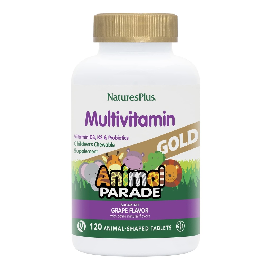 Natures Plus Animal Parade Gold Children's Multivitamin, Uva Flavor - 120 Chewable Animal Tablets - Vegan, Gluten Free - 60 Serve