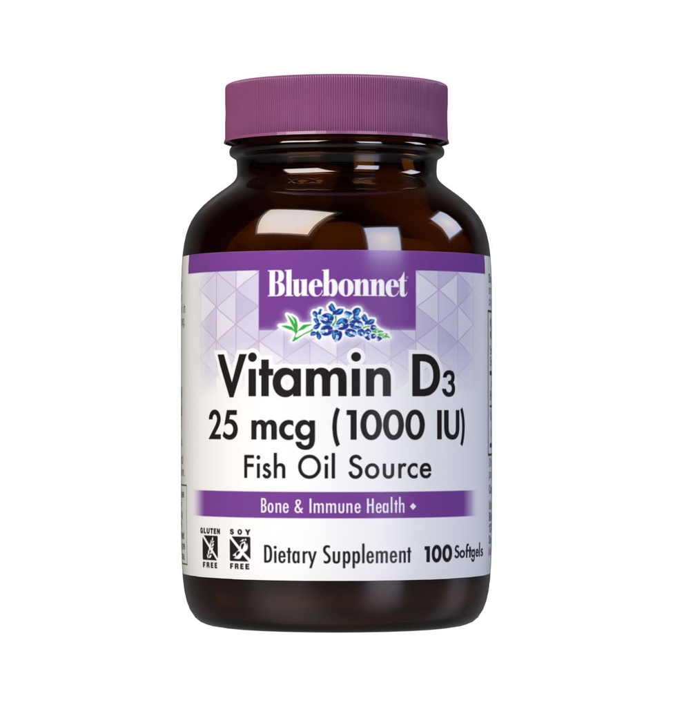 Bluebonnet Nutrizione Vitamina D3 1000 IU Softgels, Aids in crescita muscolare e scheletro, Cholecalciferol da Fish Oil, Non OGM, Gluten Free, Soy Free, Dairy Free, 100 Softgels