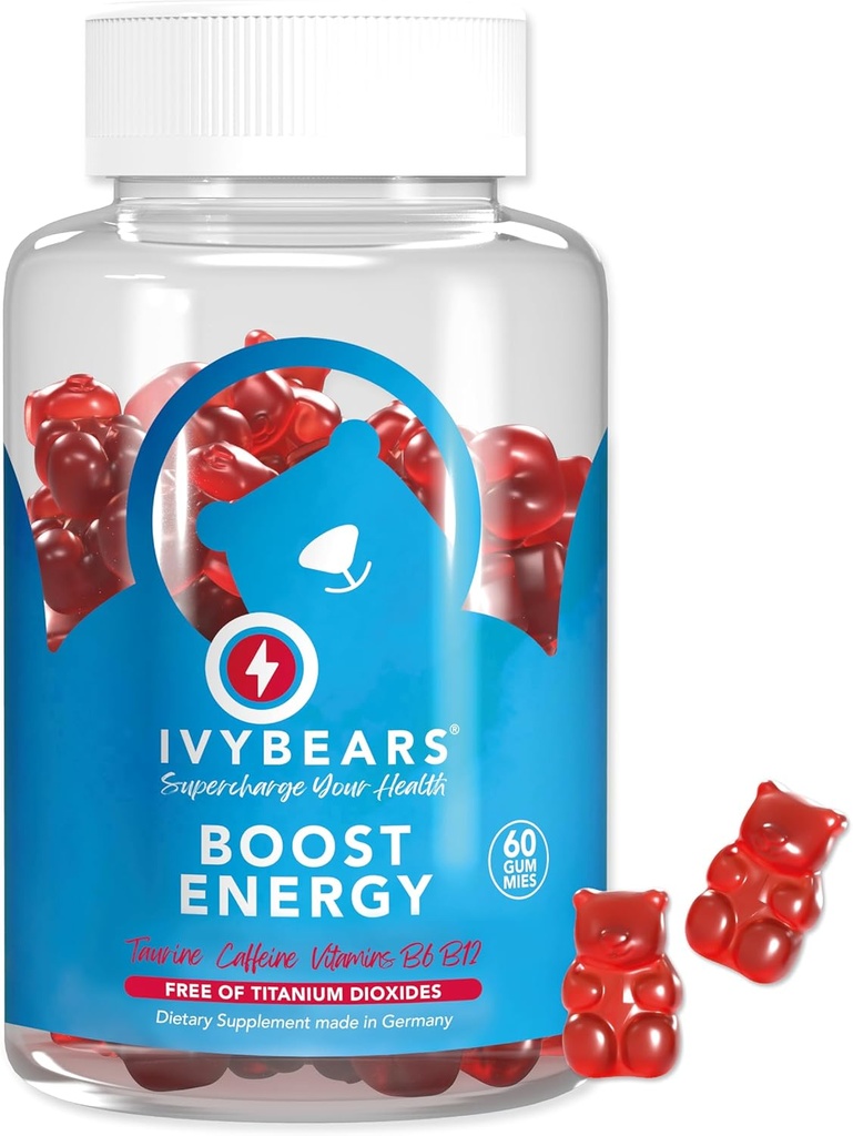 IvyBears® Energy Boost Gummies – Vegan Chewable Energy Integratori con Vitamina B12 & Natural Caffeine – Focus, Daily Energy & Stamina Support – Pre Workout Gummies – 60 Count