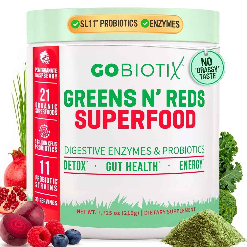 GOBIOTIX Super Greens and Reds Powder - Superfood rosso e verde - Supplemento probiotico - Enzimi digestivi e polvere di radice di barbabietola - Integratore alimentare Intero Organico (Pom Raspberry, 1 Confezione)