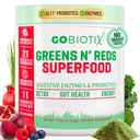 GOBIOTIX Super Greens and Reds Powder - Superfood rosso e verde - Supplemento probiotico - Enzimi digestivi e polvere di radice di barbabietola - Integratore alimentare Intero Organico (Pom Raspberry, 1 Confezione)