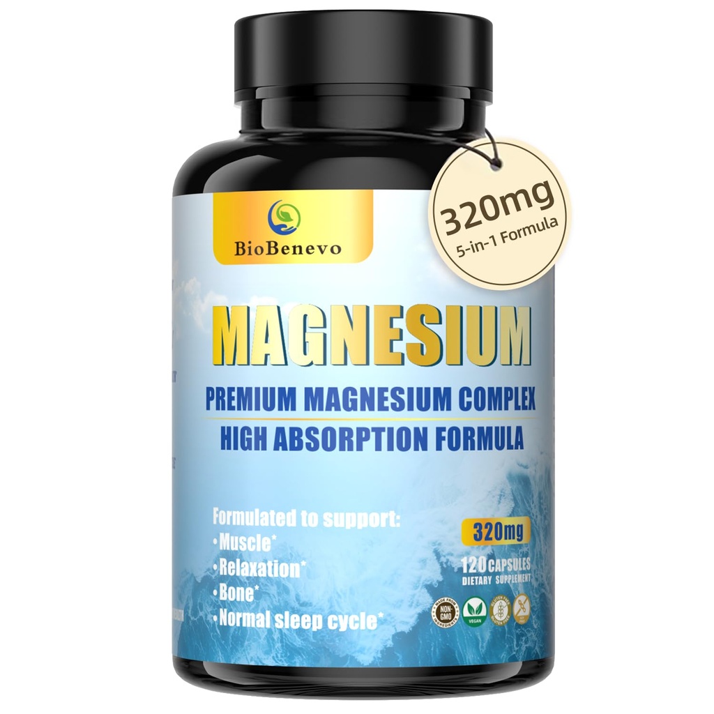 5-in-1 Magnesio Complesso | 320mg di Magnesio Glycinate, Malate, Citrate... | Supporto per il sonno, il rilassamento muscolare e il metabolismo energetico | Alto assorbimento | Vegan, Non OGM | 120 capsule