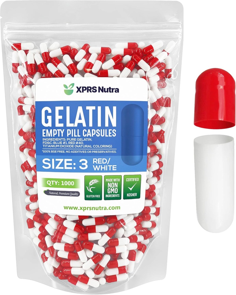 XPRS Nutra Size 3 Capsule Vuoti - 1000 Conta Capsule Gelatine Vuote - Pillole Riempimento Capsule fai da te - Pure Bovine Pill Gel Caps Fillable for Do-It-Yourself Vitamins and Supplements (Red/White)
