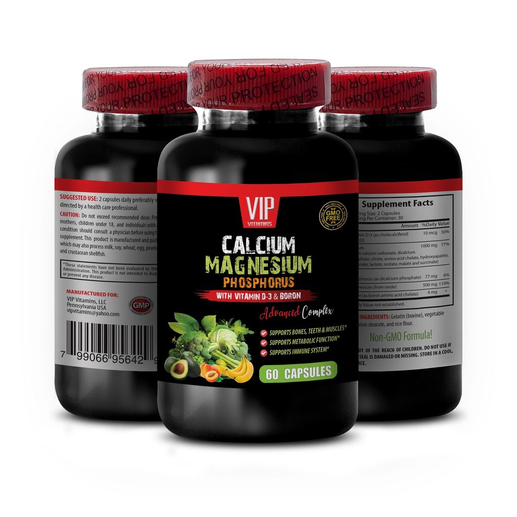 Supplemento di calcio - Calcio Magnesio Phosphorus con vitamina D-3 & Boron - Vitamine femminili Supporto immunitario con calcio, supplemento di calcio con vitamina d, potassio di magnesio di calcio 1 Bot 60 Caps