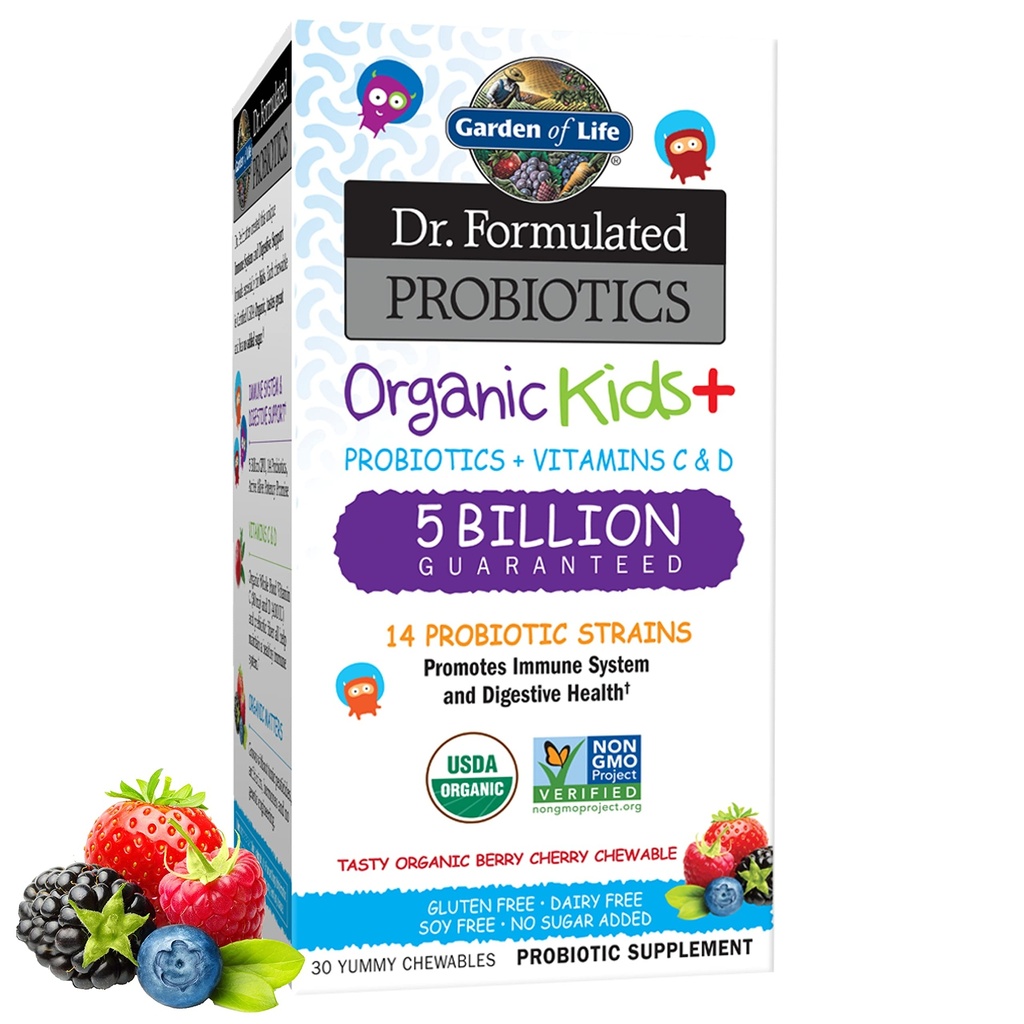 Probiotici per bambini da giardino di vita, Dr. Formulated Probiotics Organic Kids+ Vitamina C & D, Ciliegia di bacca, Latticini di glutine & Soy Free Immune & Digestive Health Supplement, 30 Chewables