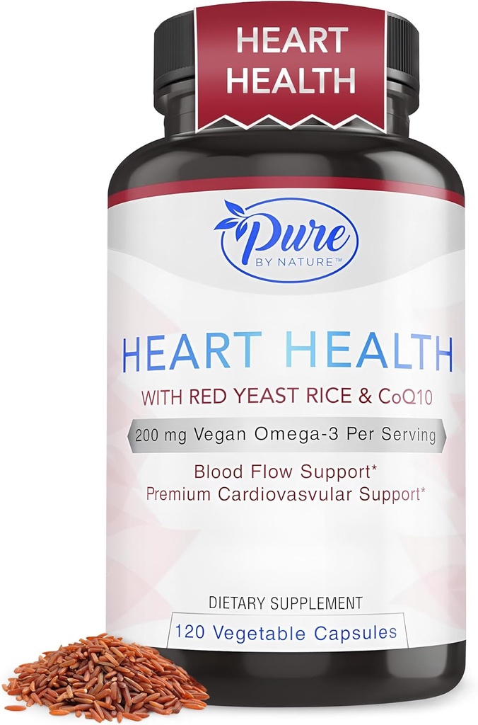 Pure per natura rosso lievito di riso con CoQ10 supplemento per gli uomini e le donne, 200 mg Vegan Omega 3 per porzione, senza glutine non OGM, 120 capsule
