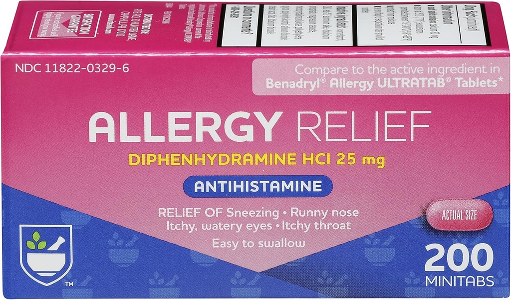 Rite Aid Antihistamine Allergy Relief con Diphenhydramine | Medicina dell'allergia | Easy-to-Swallow Small Tablet Size Allergy Relief | Farmaci comuni di allergia fredda e respiratoria (200 Count)
