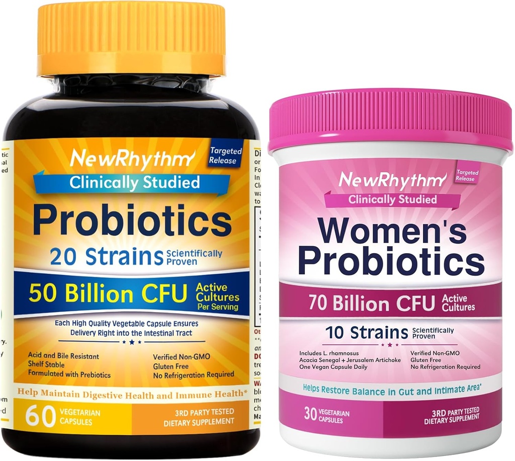 NewRhythm Gut & Feminine Health Bundle, Probiotics 50 Billion CFU & Women's Probiotics 70 Billion CFU, Daily Gut Health & Feminine Care, 90 Capsule Totale (Pack of 2)