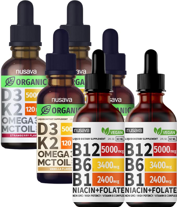 NUSAVA vitamina B12 Gocce liquide Bundle, fragola aromatizzata D3 K2, & Vanilla aromatizzata D3 K2 - Potenti vitamine liquide per cuore, energia, cervello e supporto immunitario - Non-GMO, senza glutine, 2pk Ogni