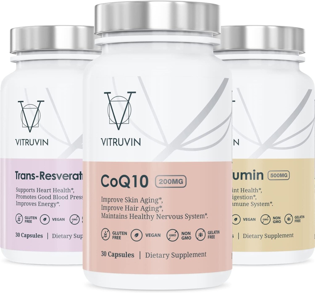 Vitruvin Beauty + Comfort Pack COQ10 200mg + Trans- Resveratrolo 500mg + Curcumina 500mg, Vegan, Non OGM, Gluten-Free, Gelatin-Free.