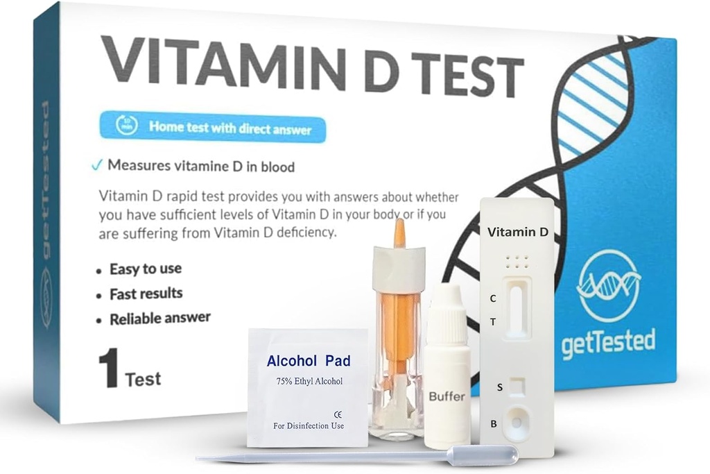 getTested Vitamin D Test Kit a casa - Self Test per la carenza di vitamina D - Risultati rapidi e precisi - Facile da usare - Nessun laboratorio richiesto - Include lacci Buffer Cassette - Finger Prick Blood Test