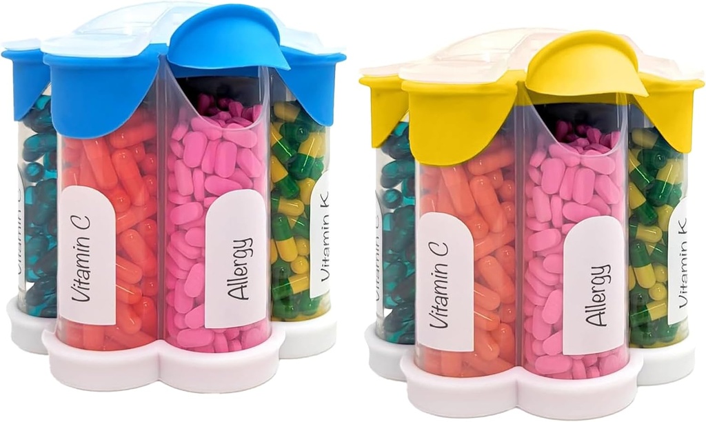 Extra Large Pill Organizer Daily, Weekly, Mensile Supplemento Bottiglia, Grazioso Blossom Pill Dispenser con 7 XL Confronti (2 Pack Combo) (Luce Blu e Giallo)