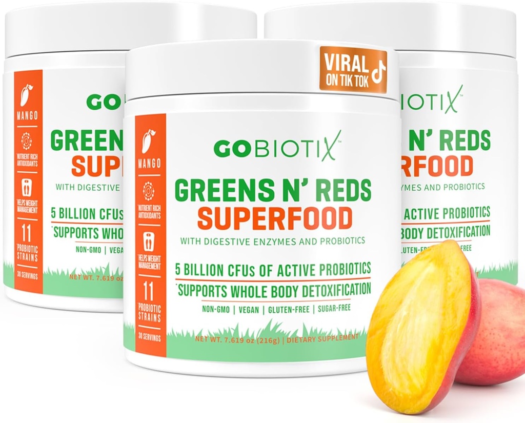 GOBIOTIX Super Greens and Reds Powder - Superfood rosso e verde - Supplemento probiotico - Polvere di radice digestiva di enzimi e barbabietola - Integratore alimentare organico di alimenti integrali (Mango, 3 Pack)