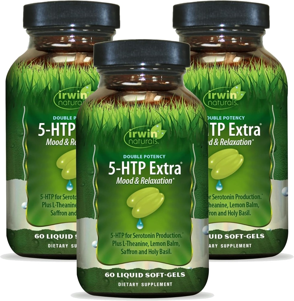 Irwin Naturals Double Potency 5-HTP Extra - 60 Liquid Soft-Gels, Confezione da 3 - per Rilassamento & Serotonin Production - 90 Total Servings