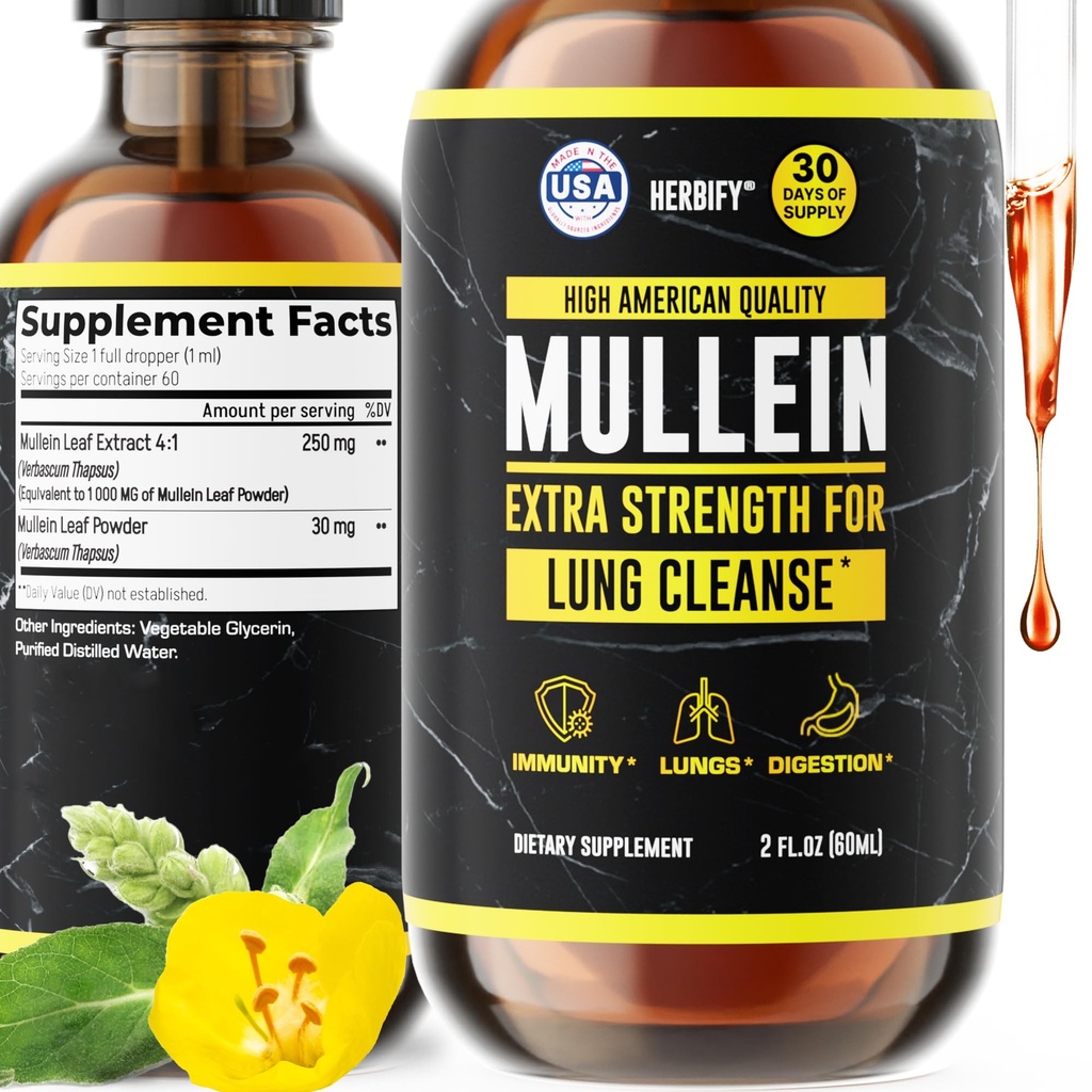 HERBIFY Mullein Extract 2 oz Tintura per la salute respiratoria, foglia di Mullein e miscela di fiori (Verbascum Densiflorum)