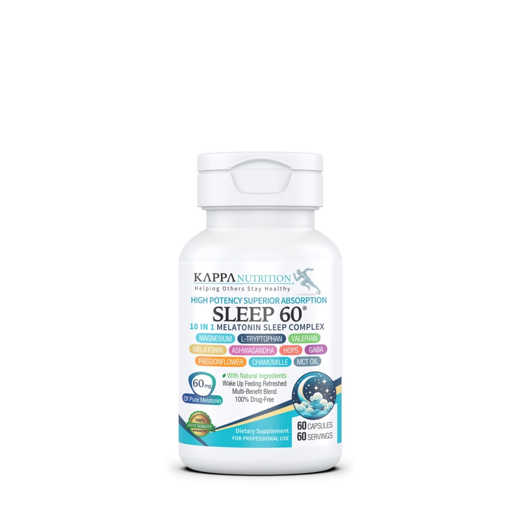 KAPPA NUTRITION Sleep 60, Sleep Aid, 60mg di Melatonina, 60-Day Supply, Non-Habit Forming Vegan Capsule Ingredienti naturali per il più facile Bedtime, Integratore di erbe, Radice Valeriana, Camomilla Non-GMO
