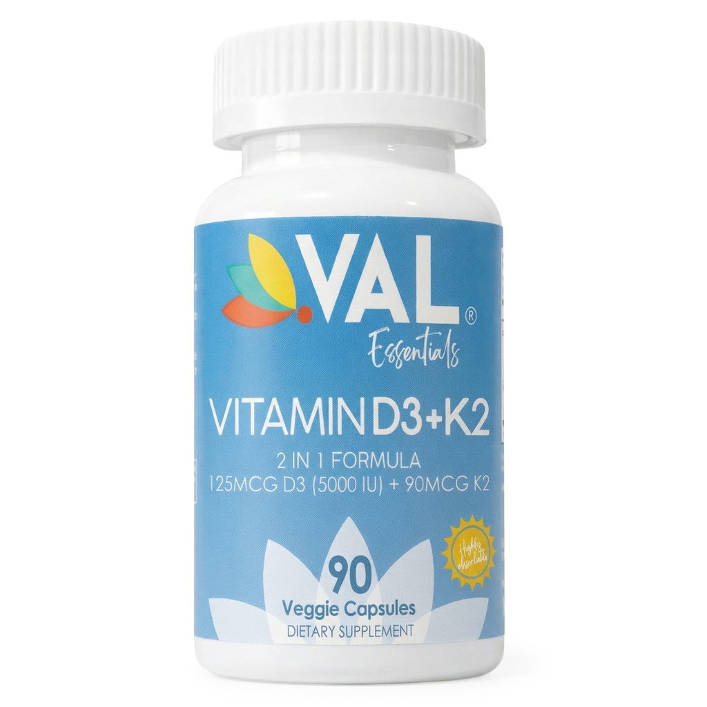 VAL Vitamina D3 + K2 (MK-7) 5000 IU & 90 mcg – Bone & Heart Health Support – Alta potenza, Non OGM, Facile da ingoiare – 90 capsule vegane – D3 K2 Supplemento Made in USA