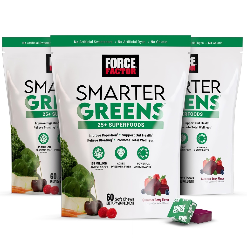 FORCE FACTOR Smarter Greens Superfood Chews, 3-Pack, Verdi e Superfoods con Probiotici, Antiossidanti e Fibra, Greens Supplemento alla Digestione di supporto, Ossido Nitrico, e Energia, 180 Chews