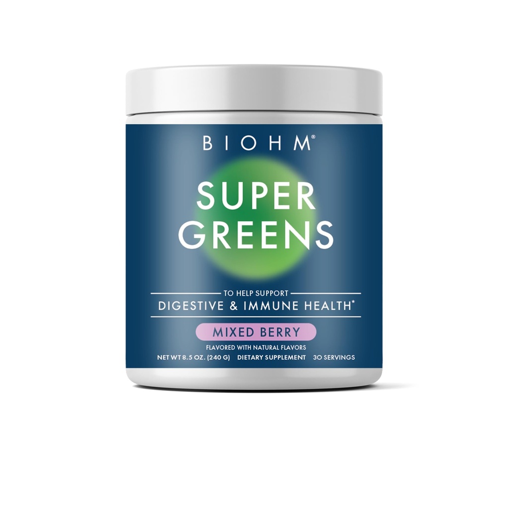BIOHM Super Greens, Polvere Superfood Verde (8.5 Oz, 30 Serve) Antiossidante Veggie Powder & Smoothie Mix, 34 Superfoods & Spirulina, Enzimi Digestivi, Prebiotici e Probiotici, Aroma misto di bacche