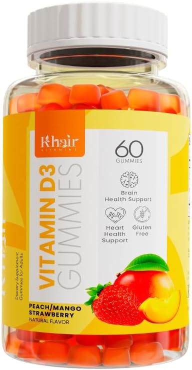 Khair Halal Vitamin D3 Gummies per Bone & Muscle Support - Non OGM, Gluten & Gelatin Free, Vegetariano, Halal-Certified, Natural Mango, Peach & Strawberry Flavors - 60 Gummies