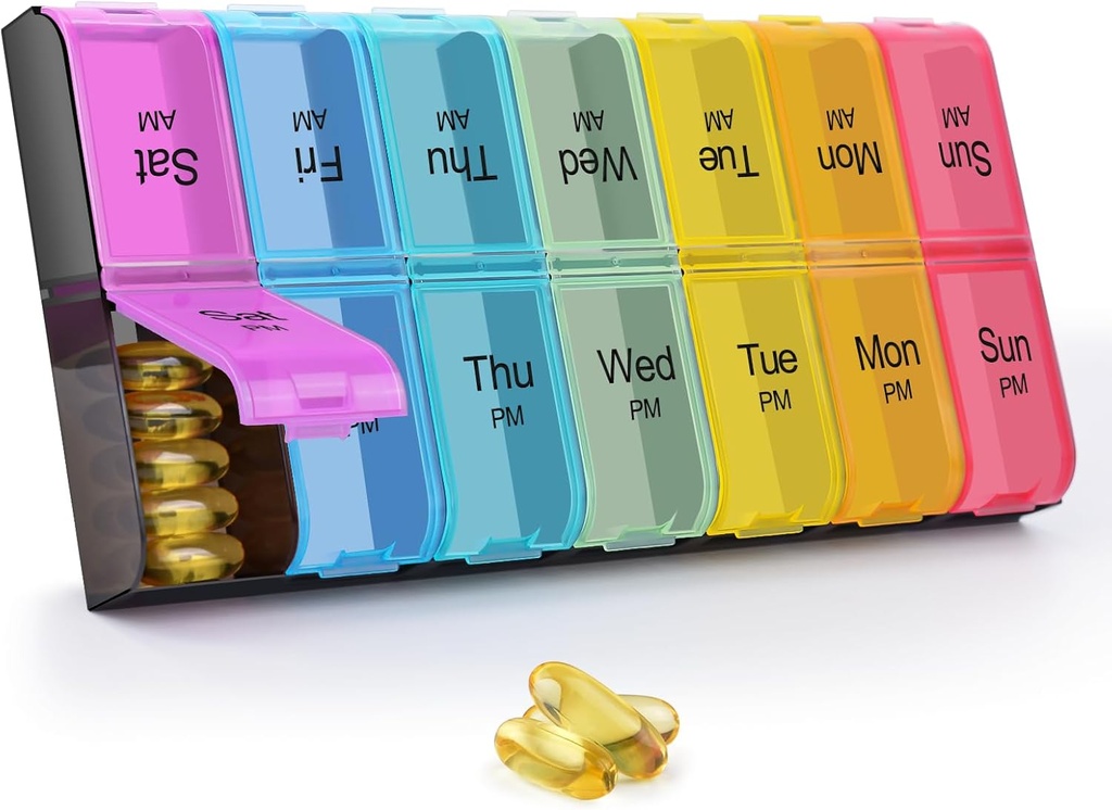 GREENCYCLE Extra Large Weekly Pill Organizer 2 volte al giorno, 7 giorni Pill Box AM PM Medicina Planner caso Dispenser con XXL Compartment Home Pill Container per vitamine Fish Oil Supplements (Rainbow)