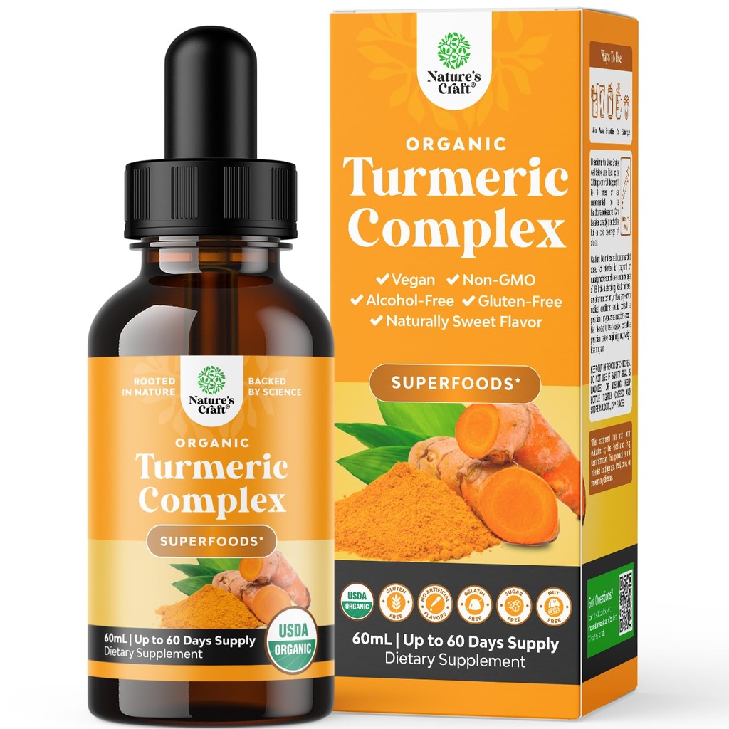Gocce di liquido curcuma organico per adulti - curcumina curcuma con pepe nero, cannella e liquido estratto di zenzero per dolori articolari, mobilità e infiammazione - gocce di curcumina per supporto immunitario - 60ml (2oz)
