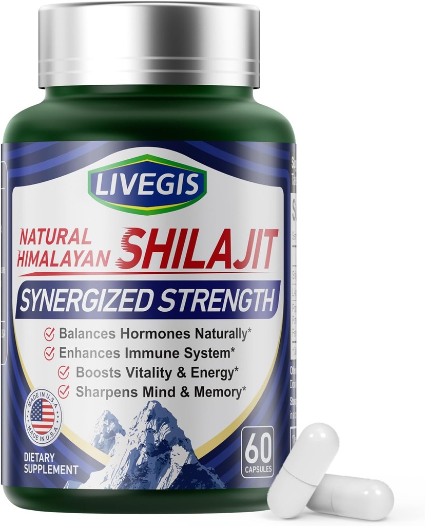 Himalayan Shilajit Capsule Ormoni di equilibrio, Aumentare l'immunità, Aumentare la vitalità e la memoria, Supplemento ad alta potenza con vari ingredienti, Non-OGM Natural & Organic - 60 conti