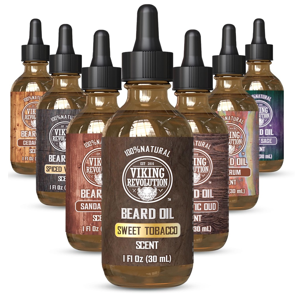 Viking Revolution Sweet Tobacco Beard olio per gli uomini - Natural Mens Beard olio con olio di Argan e Jojoba olio - Beard Softener, rinforza e idrata - Condizionatore di barba per gli uomini (Sweet Tobacco,1Pack)