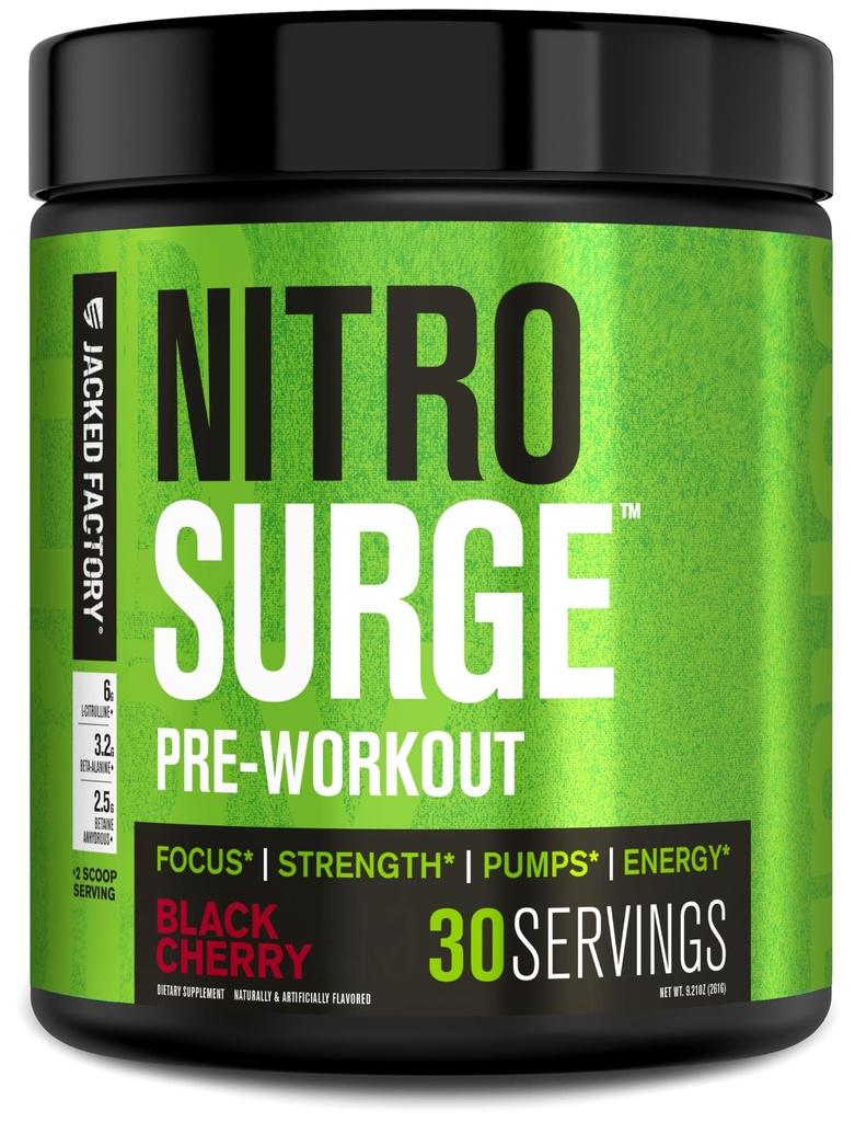 Jacked Factory NITROSURGE Pre Workout Supplement - Energia senza fine, Gains di resistenza istantanea, Clear Focus e pompe intenzionali - NO Booster & Potente Preworkout Energy Powder - 30 Serve, Ciliegia nera