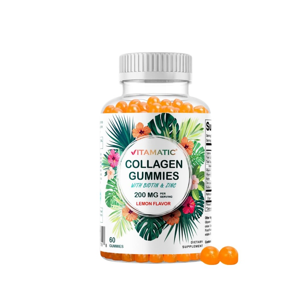 Gummie di collagene idrolizzate vitamatiche con vitamina C, zinco e biotina, 200 mg - Supporto cutaneo sano - 60 Gummies