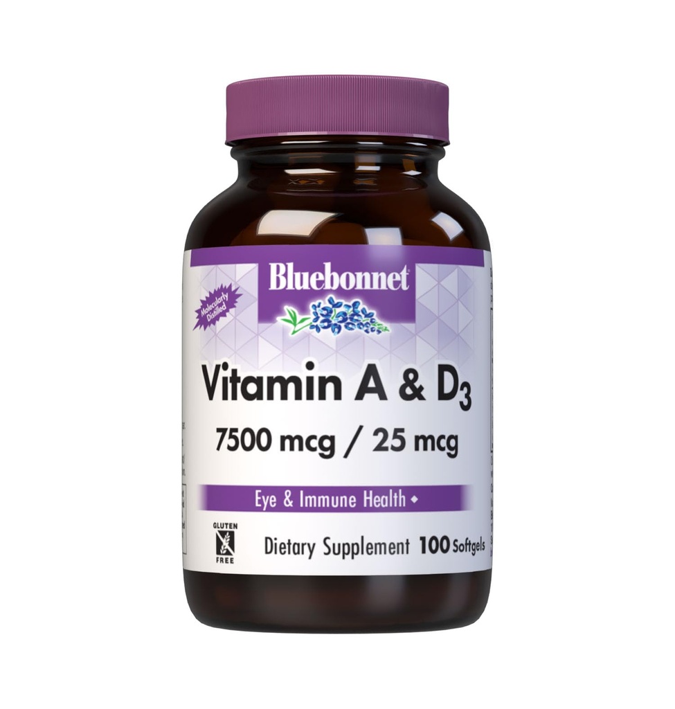 Bluebonnet Nutrizione Vitamina A & D3 25.000 UI/1.000 UI da Mare Profondo, Acqua Fredda, Olio di Pesce - Per la salute degli occhi e la funzione immunitaria* - Gluten Free - Dairy Free - Distillato molecolare - 100 Softgel/Servings