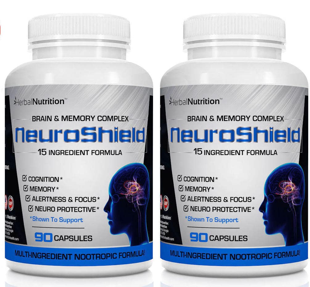 NeuroShield, Brain Supplemento a Nootropic Brain Booster e Memory Supplement, Contiene Huperzine A, Ginko Biloba, Bacopa Plus Antiossidanti per la salute del cervello, Multi-Ingredienti, 2 bottiglie, 180 capsule