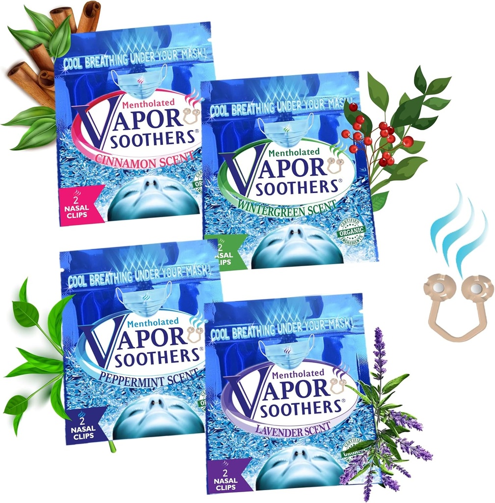 Clip dilatatori nasali, Cool & Easy Respirare sotto la maschera, 4-Scent Variety Pack (Peppermint, Wintergreen, Cinnamon, Lavanda), 8 Conte, Rilievo di congestione nasale istantanea, Senza farmaci