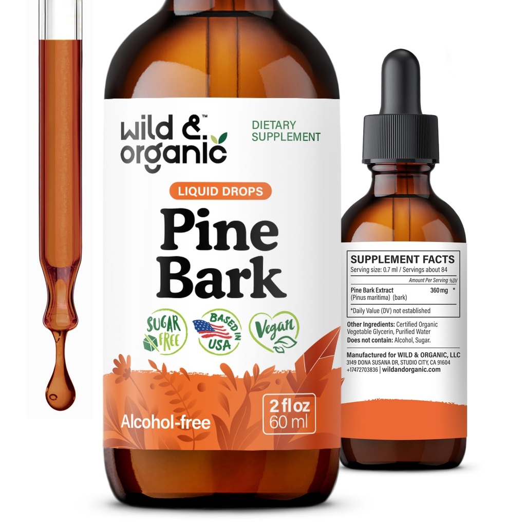Tintura dell'estratto della corteccia di pino selvatico e organico - Supporto antiossidante - Integratori del pino del Pinus - Gocce liquide della corteccia marittima francesi - Alimentazione 2-Month - Vegan, Alcohol & Sugar-Free - 2 fl oz