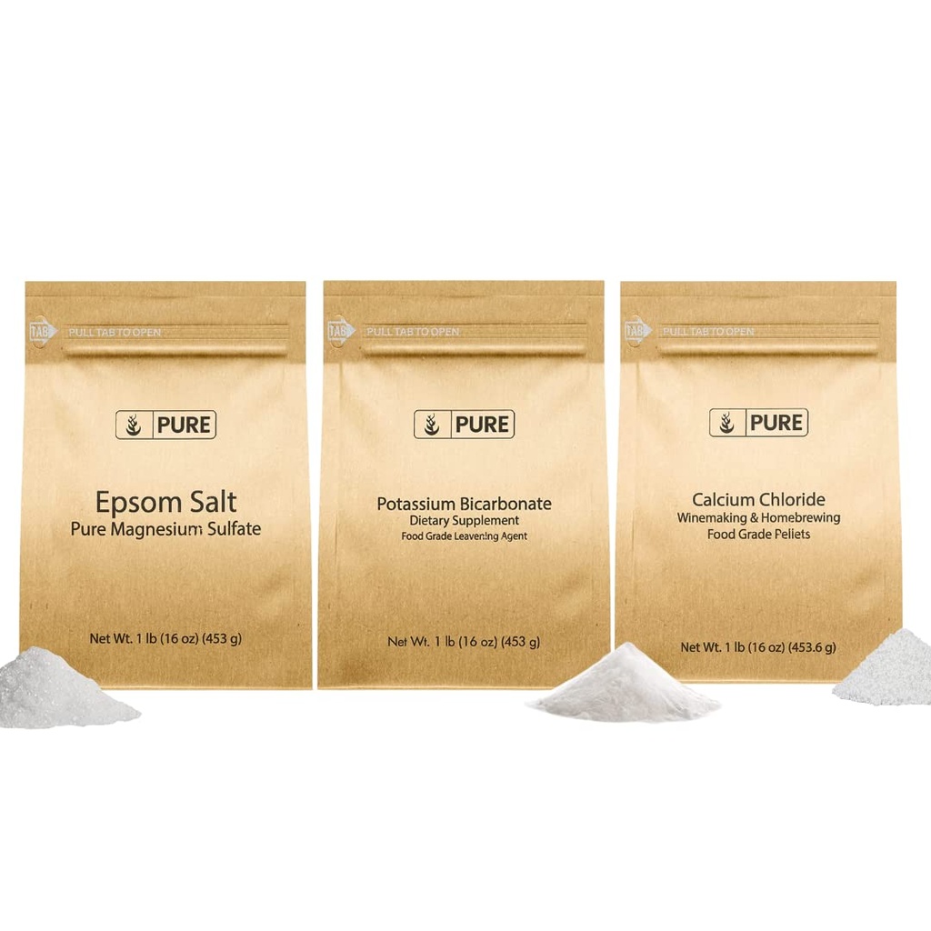 Ingredienti originali puri Bicarbonato di potassio, Cloruro di calcio, & Bundle di sale di Epsom, (1lb) Cassetta di sicurezza alimentare, pulizia e cucina