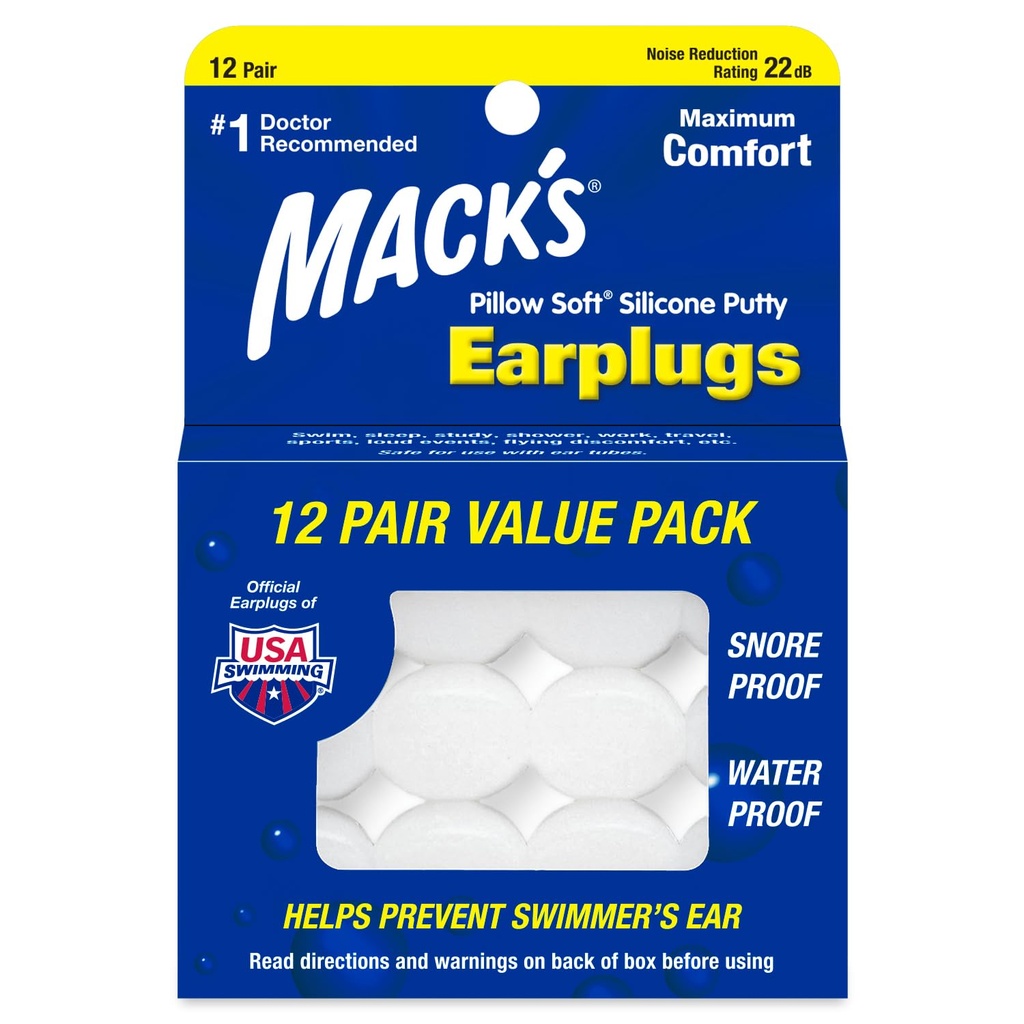 Mack's Pillow Soft Silicone Earplugs, 12 Pair – The Original Moldable Silicone Putty Ear Plugs for Sleeping, Snoring, Nuoto, Viaggi, Concerti e Studiare | Made in USA