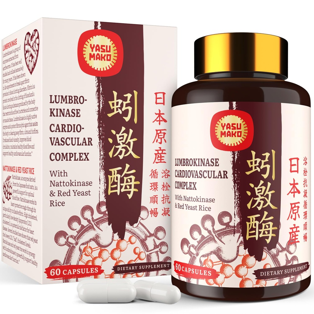 Lumbrokinase 100mg (Max Activity 1,000,000 LKU),Nattokinase 100mg-2,000 FU di attività e rosso lievito di riso 300mg, Potente Lumbrokinase Enzimi Supplemento per circolatorio,Cognizione,60 Capsule(Pack di 1)