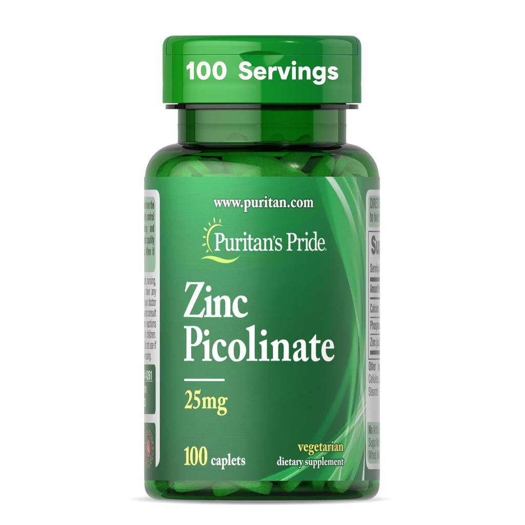 Prido di Puritan zinco picolinato zinco 25mg con calcio e fosforo, supplemento dietetico vegetariano per il sistema immunitario, metabolismo energetico, divisione cellulare e sostegno alla crescita, 100 caplets