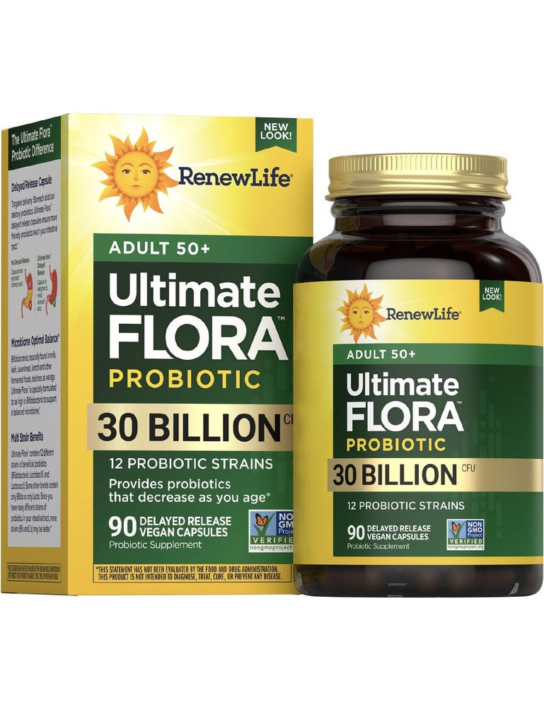 Adulto Probiotico 50 Plus Capsule Probiotici, Supplemento giornaliero Supporta Salute urinaria, Digestiva e Immune, L. Rhamnosus GG, Daieria, Soia e senza glutine, 30 miliardi di CFU, 90 Conte