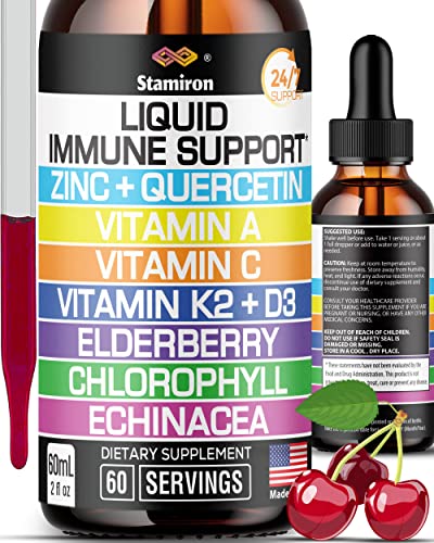 Zinc Quercetin Vitamina C D3 Supporto Immune Liquido con Vitamina A K2 Echinacea Chlorophyll e Elderberry - 9in1 Complesso di gocce di difesa Immune per la salute dell'immunità Salute - 60 Serve