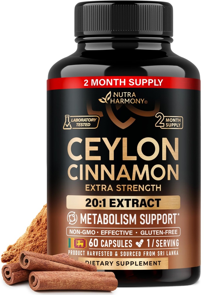 Ceylon Cinnamon Capsule - Extra Forza - Energy Heart & Metabolism Support per Uomini & Donne - Pure Natural Cinnamon 20:1 Extract Supplement - GMO & Gluten Free - Made in USA - 60 Capsule 2 Mesi