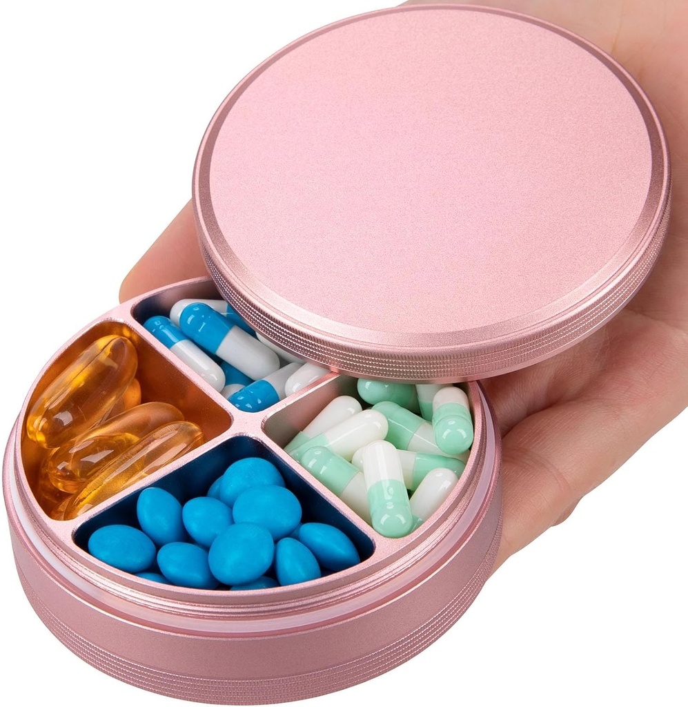 Metal Pill Organizer 4 scomparti - Portable Travel Pill Case Daily, Impermeabile Pill Box per Purse, Compact Pill Holder Medicine Container Dispenser per Vitamin Cod Liver Oil Supplement Pink