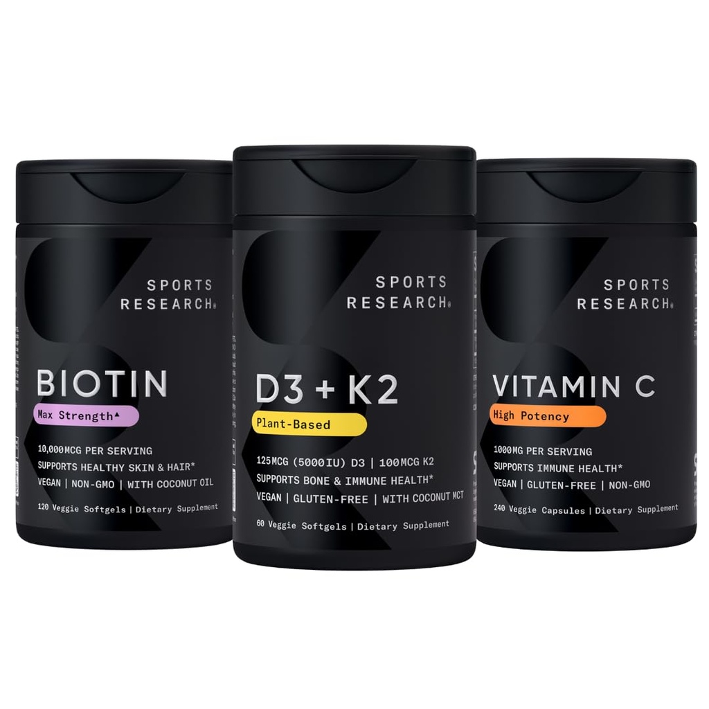 Vitamina D3 5000iu K2 100mcg, Vegan Biotin 10.000mcg con olio di cocco e vitamina C ad alta potenza supplemento 1000mg