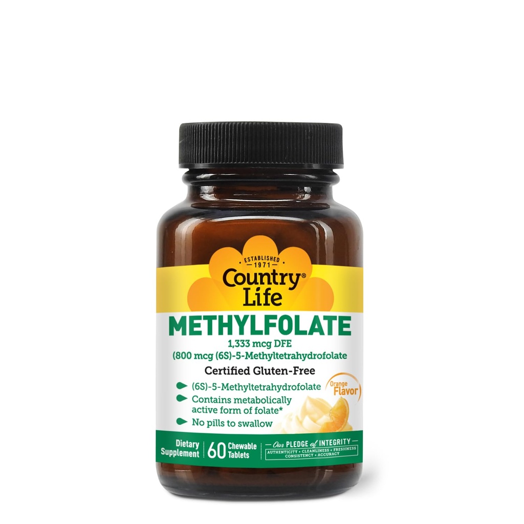 Vita di campagna Methylfolate Chewable Tablets - Metabolically Active Folate - Great Tasting Orange Flavor - Gluten-Free - Smooth Melts - Vegan B12 - Vitamine femminili - Supplemento giornaliero - 60 compresse