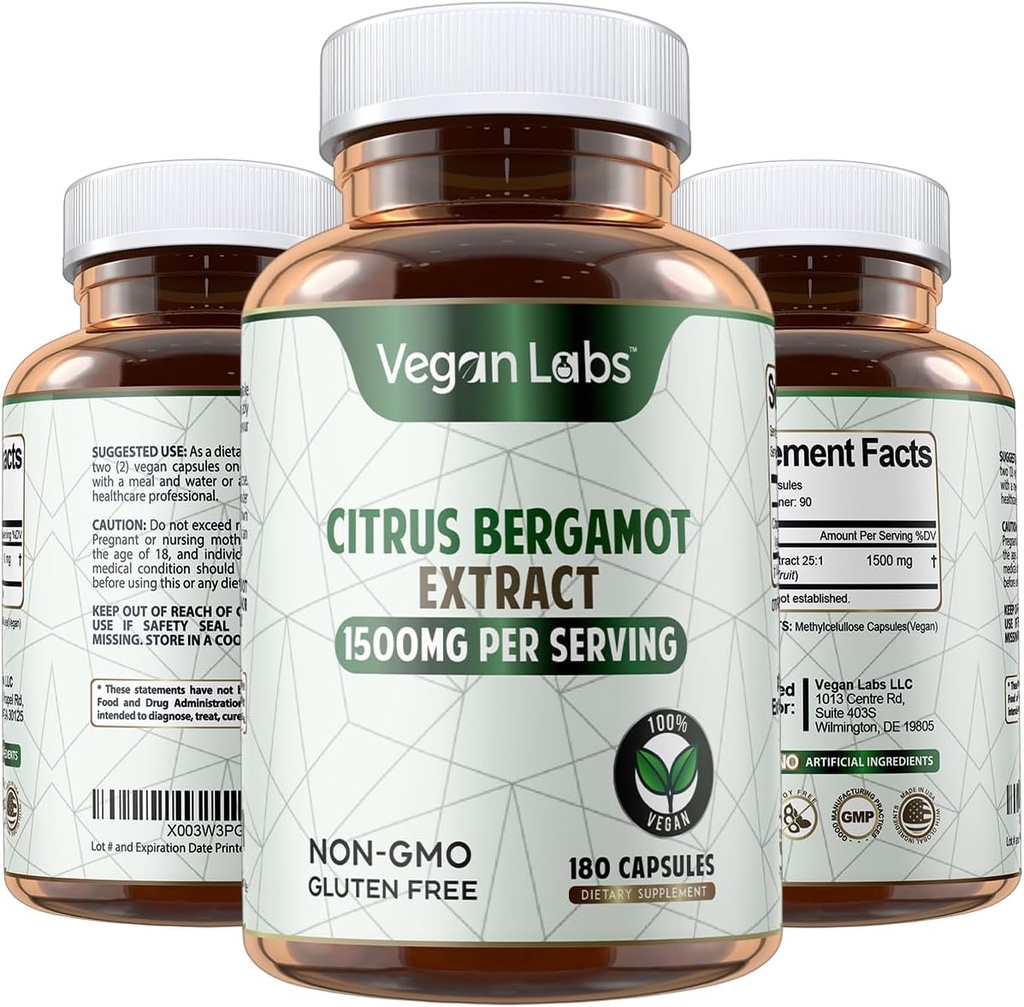 Vegan Labs Citrus Bergamot Extract 1500MG- 180 Vegan Capsules- 25:1 Citrus Bergamia Extract- Supporti Salute generale e Protezione Antiossidante- Gluten Free, Non-GMO